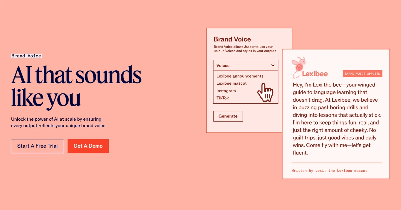 Jasper AI Brand Voice feature showing voice selection and a sample branded output