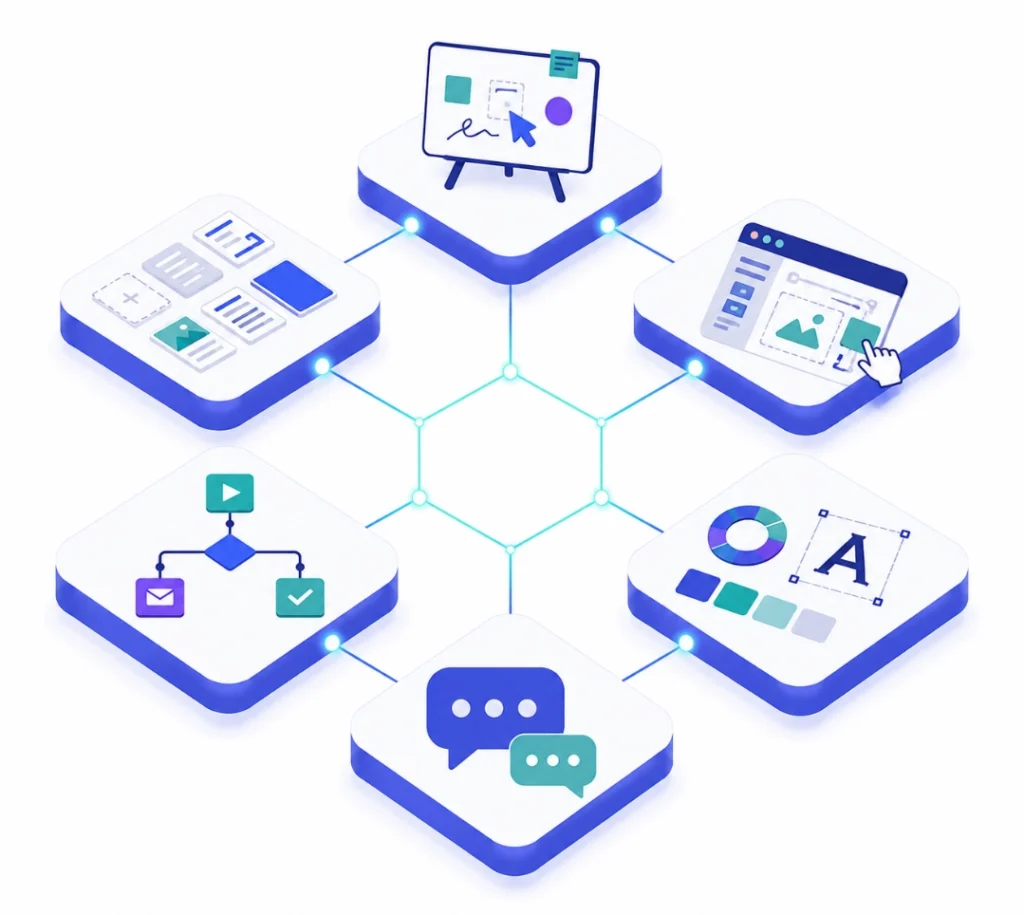 Diagram of Jasper's core features: Canvas, Grid, Studio, Pipelines, Brand IQ, and Chat
