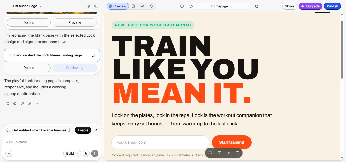 Lovable generating a fitness landing page from a prompt, showing the build confirmation and live preview