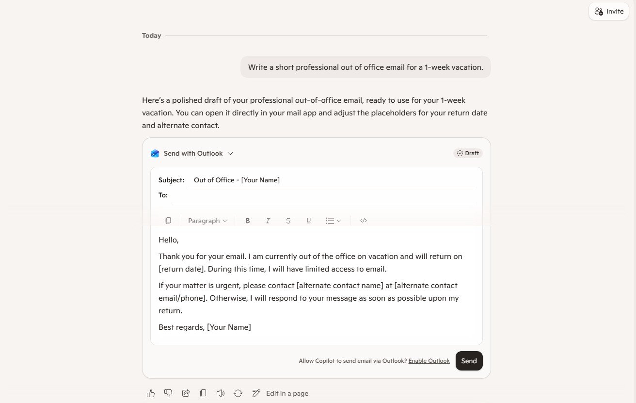 Screenshot of Microsoft Copilot drafting an email with Outlook integration