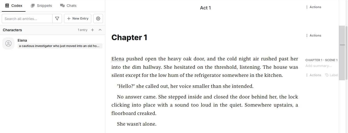 Novelcrafter's Codex showing a character entry linked to its mention in the manuscript