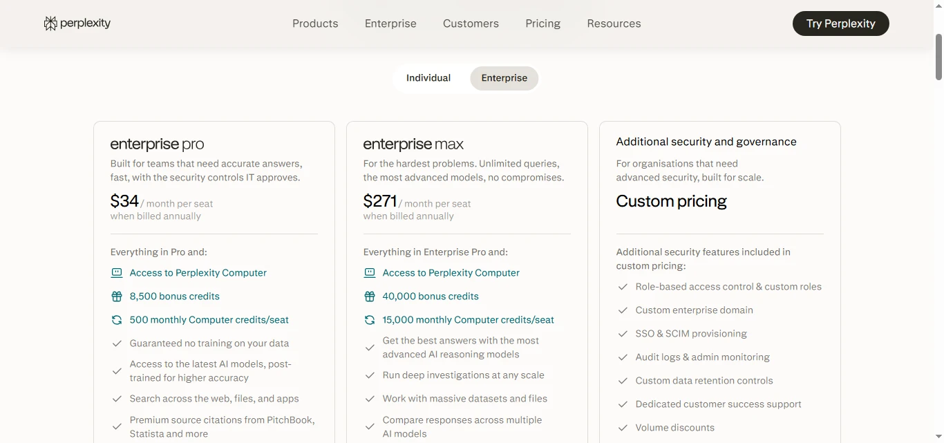 Perplexity AI enterprise pricing plans for 2026 comparing Enterprise Pro and Enterprise Max