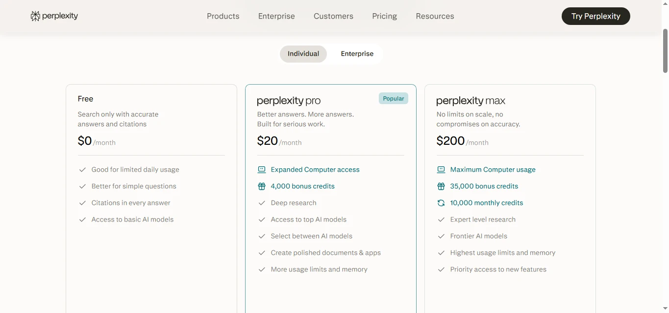 Perplexity AI individual pricing plans for 2026 comparing Free, Pro, and Max tiers