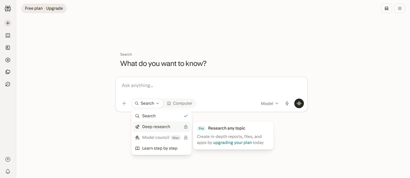 Perplexity AI search mode menu showing Deep Research and Model Council locked behind Pro plan