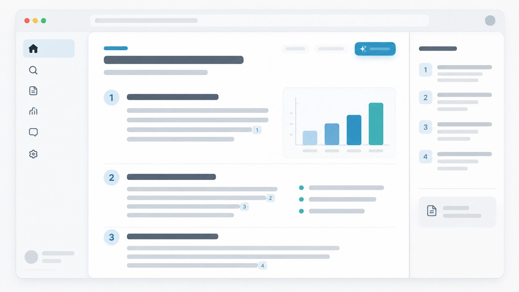 Illustration of an AI research report layout with sections, charts, and citations