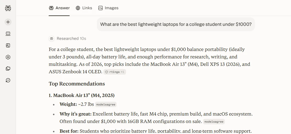 Perplexity AI search result showing a summarized answer with inline source citations