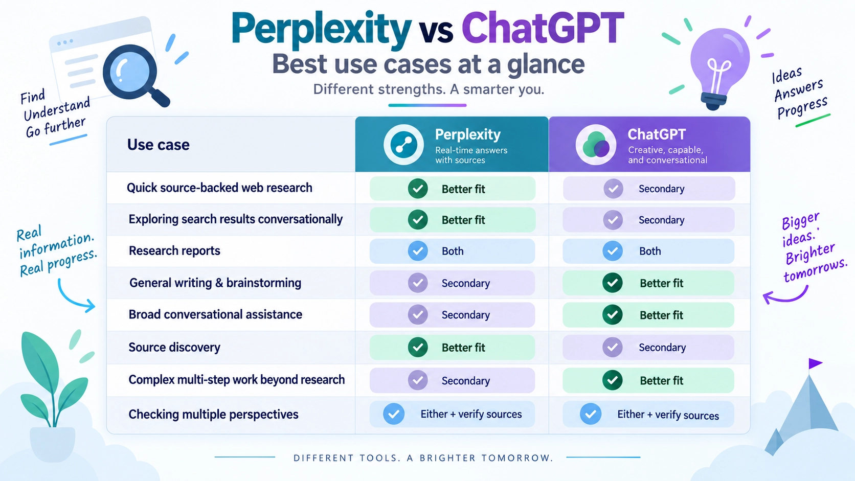 Comparison chart of Perplexity AI vs ChatGPT for research, writing, and search tasks