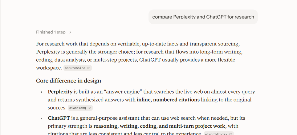 Screenshot of Perplexity's free plan showing a cited, sourced search answer