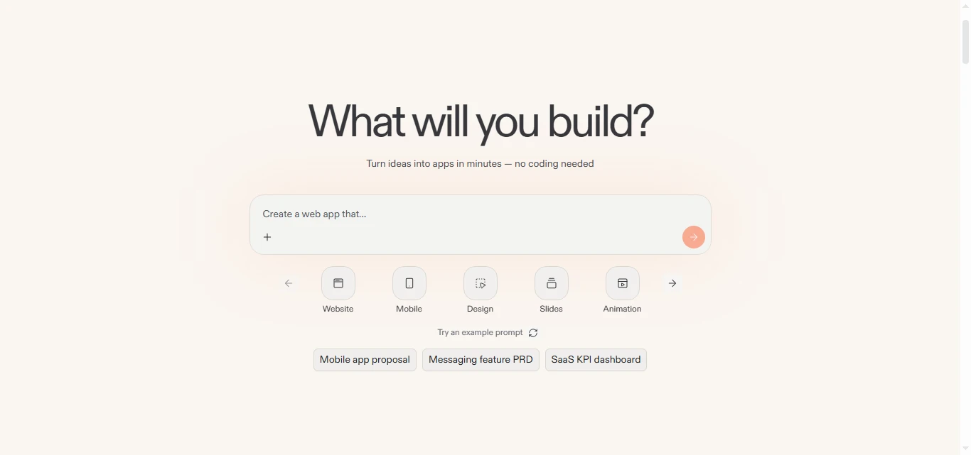 Replit Agent's prompt interface for starting a new app, website, or design from a text description