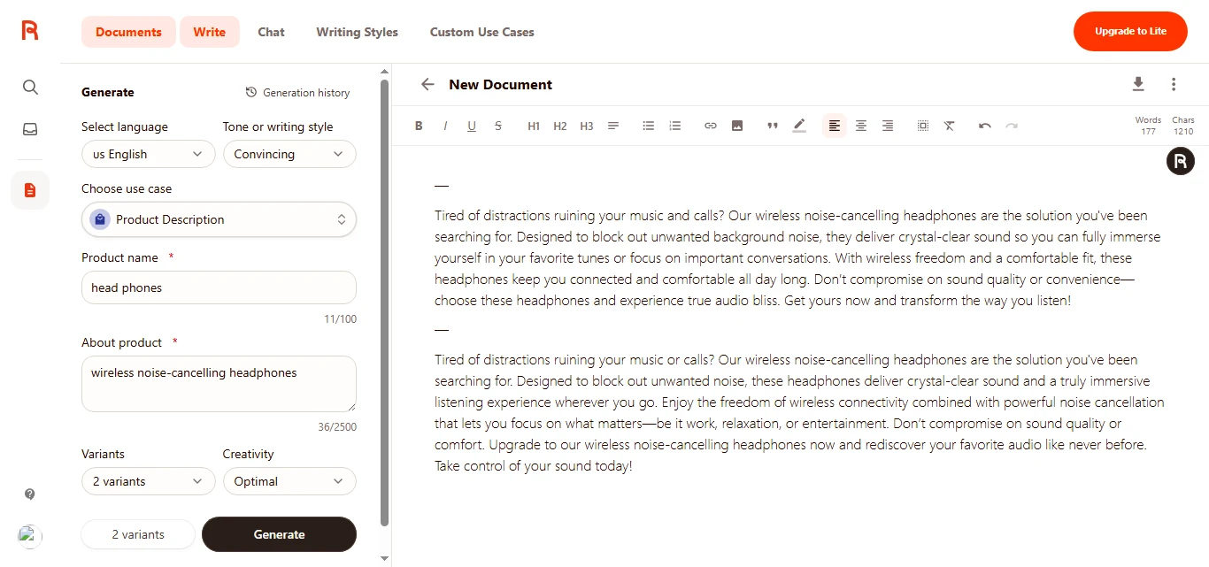 Rytr generating two product description variants for wireless headphones