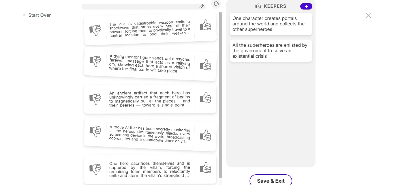 Sudowrite's Brainstorm tool generating plot twist ideas with a keeper panel for saved suggestions