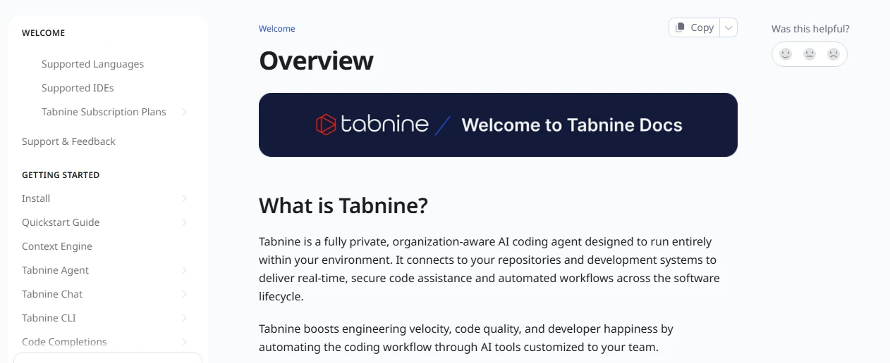 Tabnine's official documentation describing its private, organization-aware AI coding agent