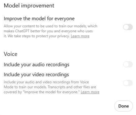 ChatGPT model improvement settings with training and voice recording toggles switched off