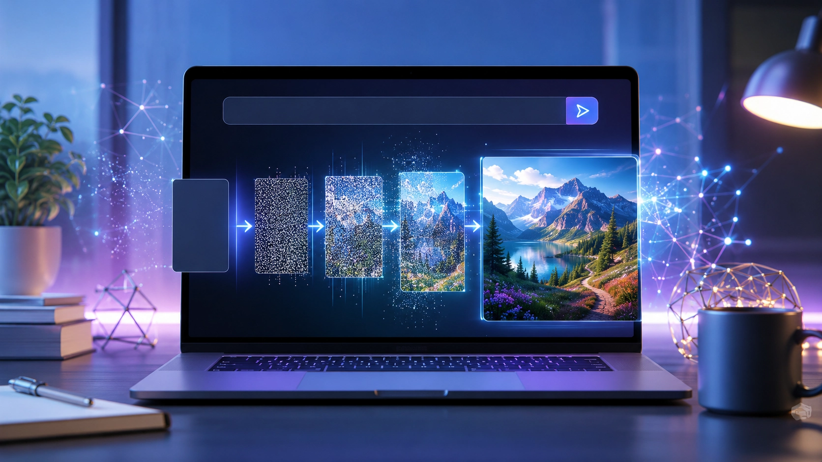 Illustration showing Stable Diffusion turning a text prompt into an AI-generated image