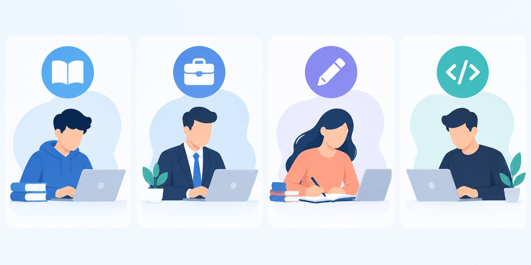 Illustration of a student, professional, writer, and developer representing who benefits from ChatGPT