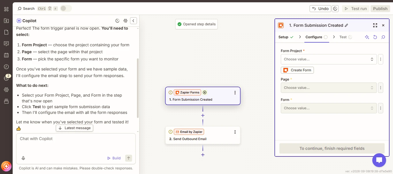 Screenshot of a Zapier automation built with AI Copilot on the free plan