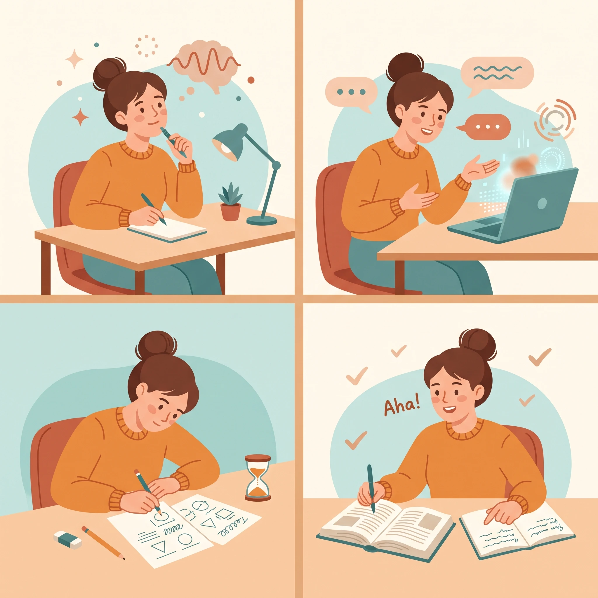 Four-step study routine: recall, ask for help, practice, and verify answers