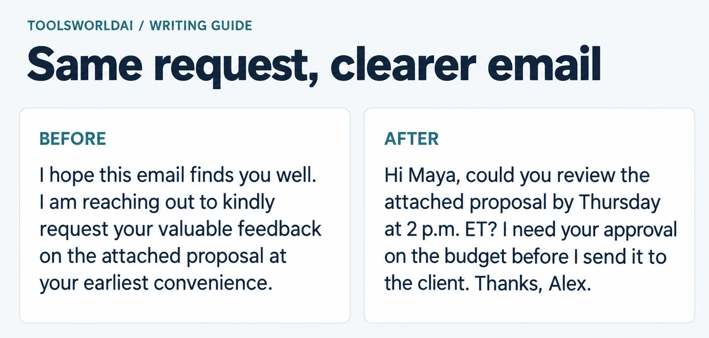 Before and after email: vague review request versus one with deadline and reason