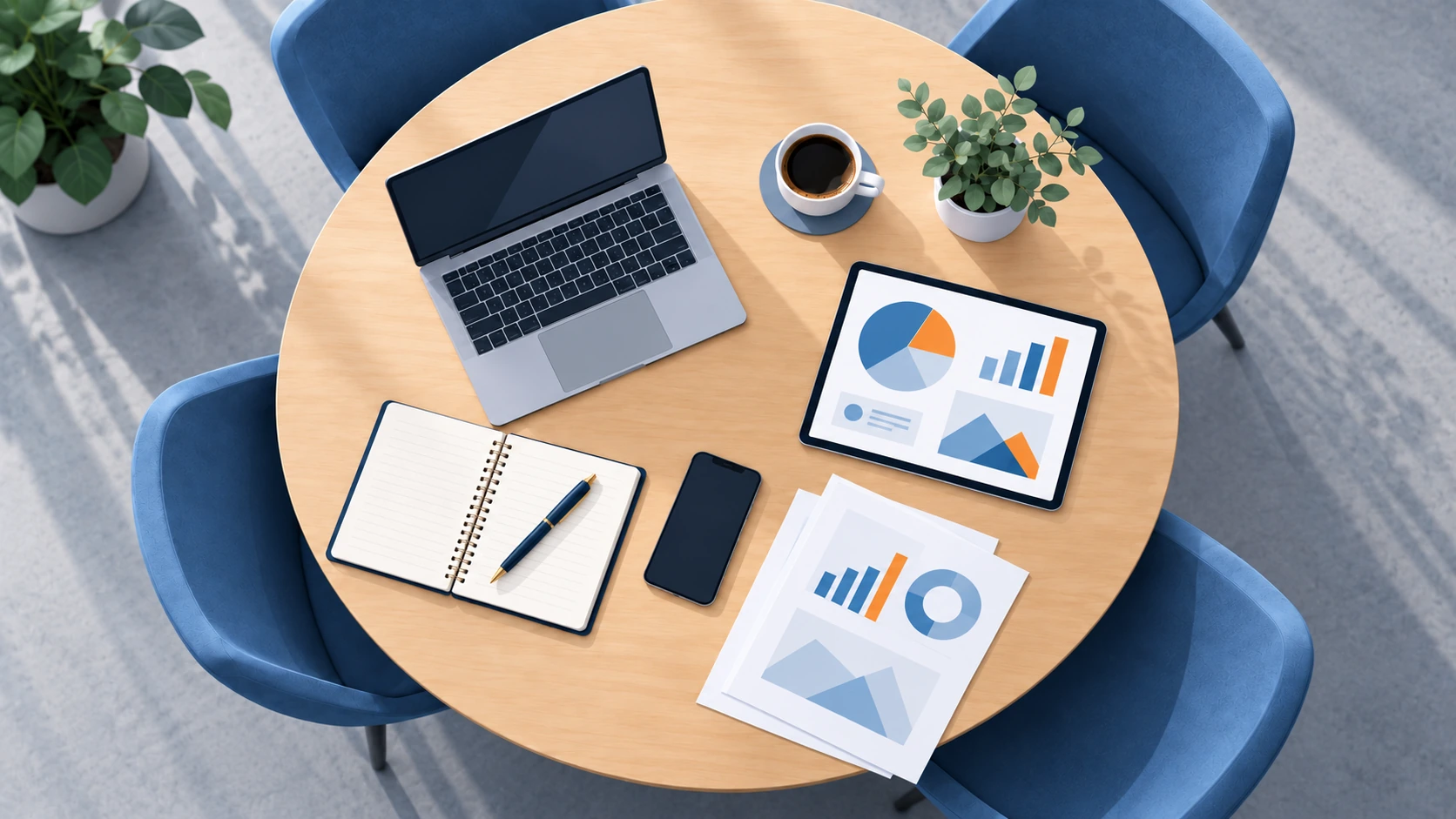 Overhead view of a round meeting table with a laptop, tablet showing charts, notebook, phone and printed reports