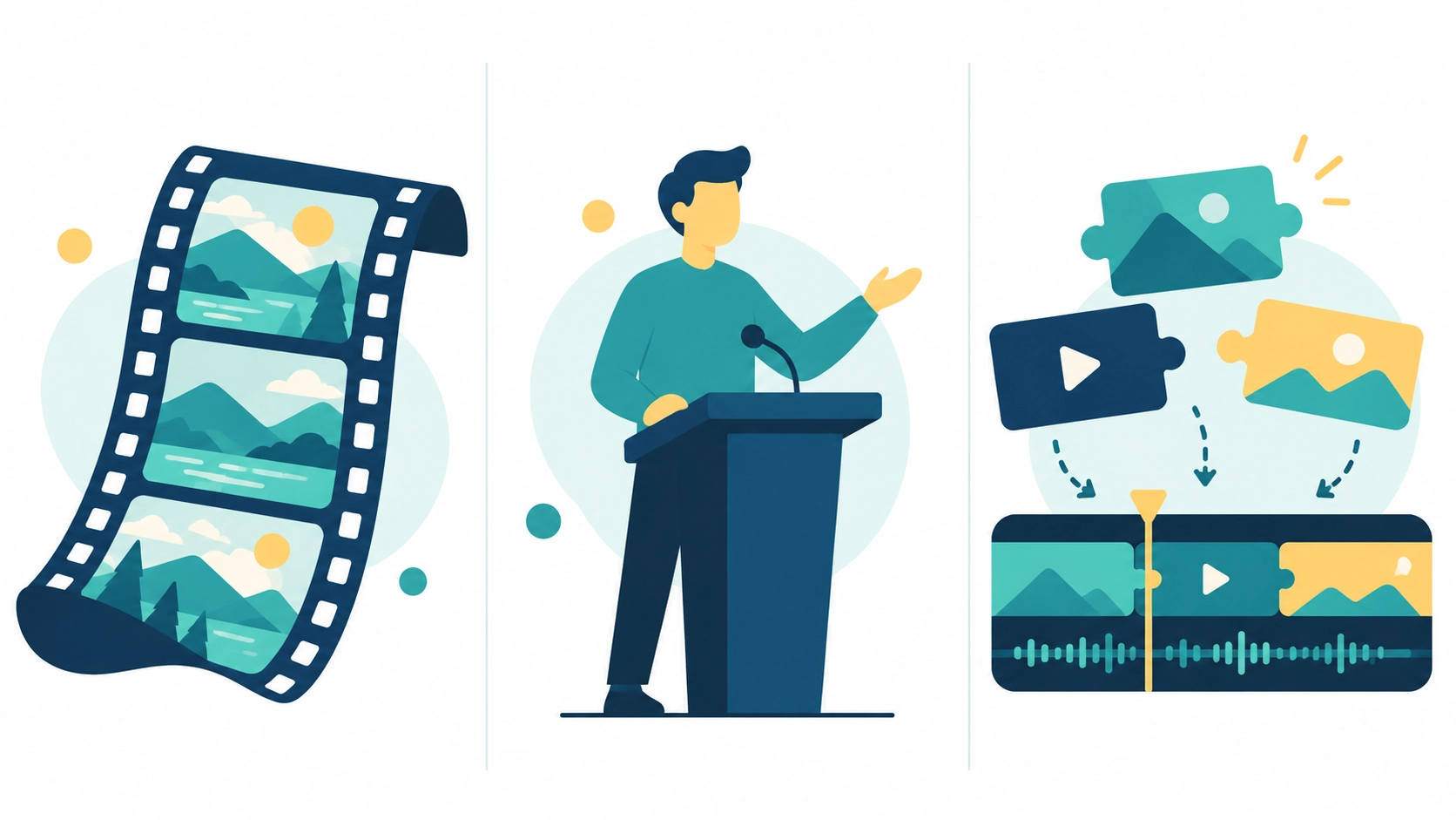 Three-panel illustration of a film strip, a presenter at a podium and puzzle pieces joining a video timeline