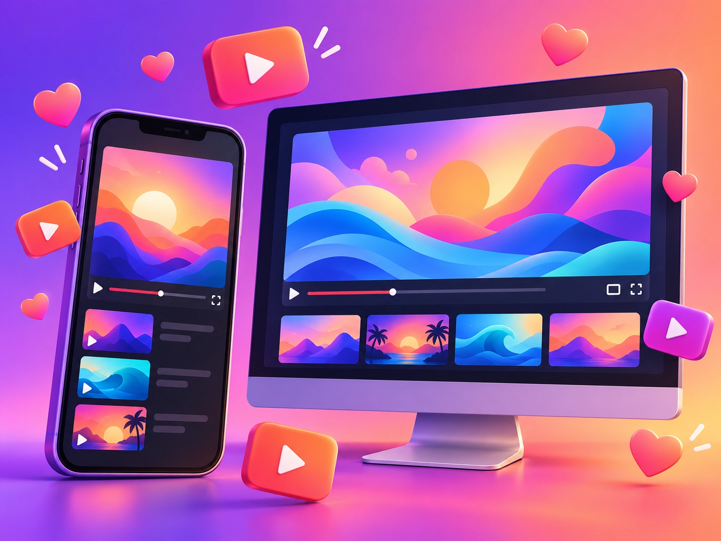 Smartphone and widescreen monitor showing video players, play icons and floating hearts