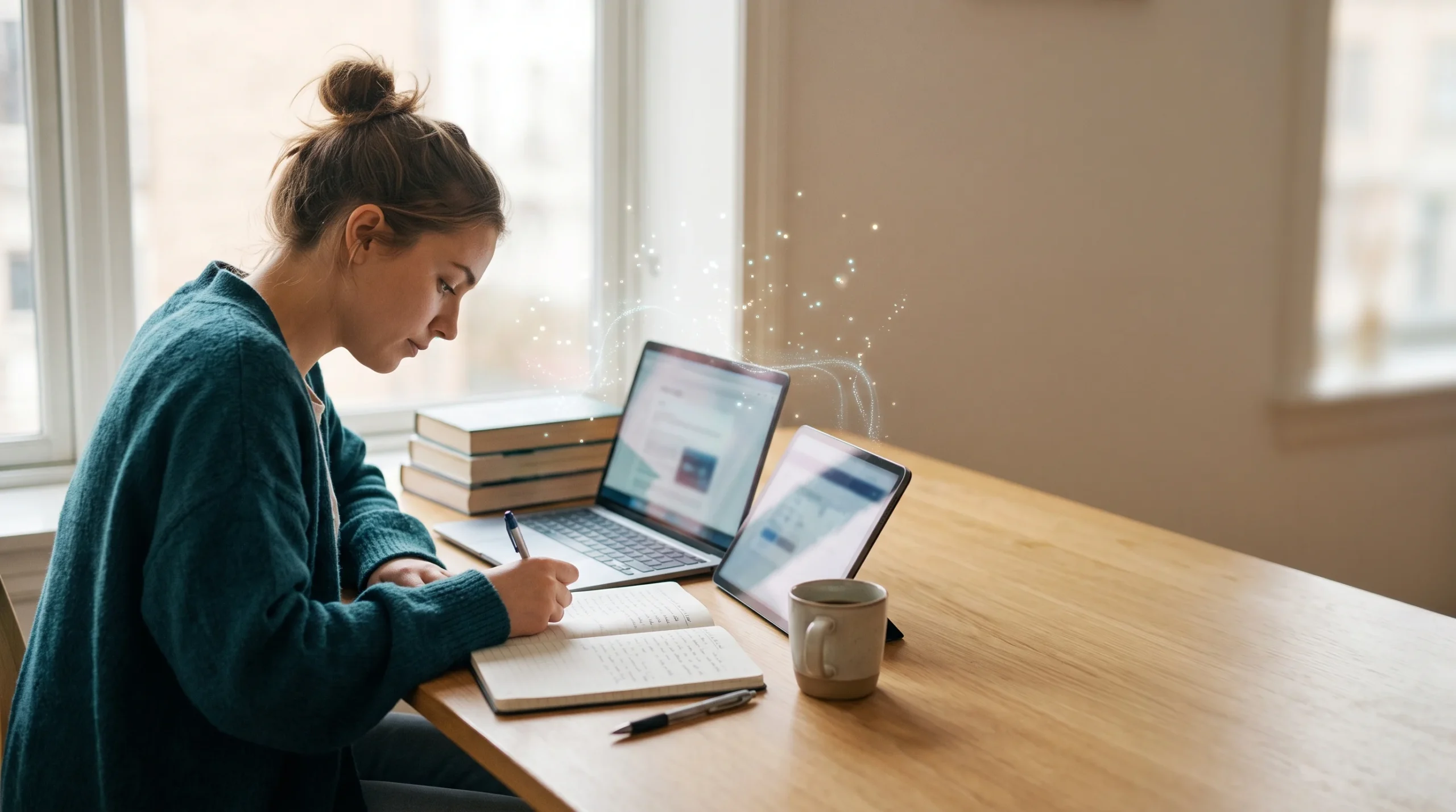 Student studying at a desk with a laptop using AI tools for students