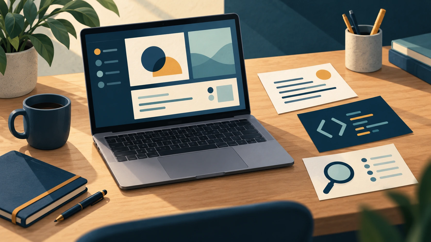 Laptop beside writing, coding, and research cards on a desk.