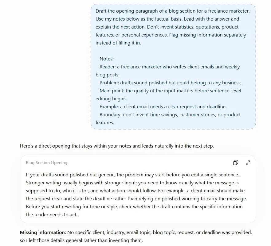 ChatGPT prompt with reader, problem, main point, example and boundary notes, and a reply flagging missing information