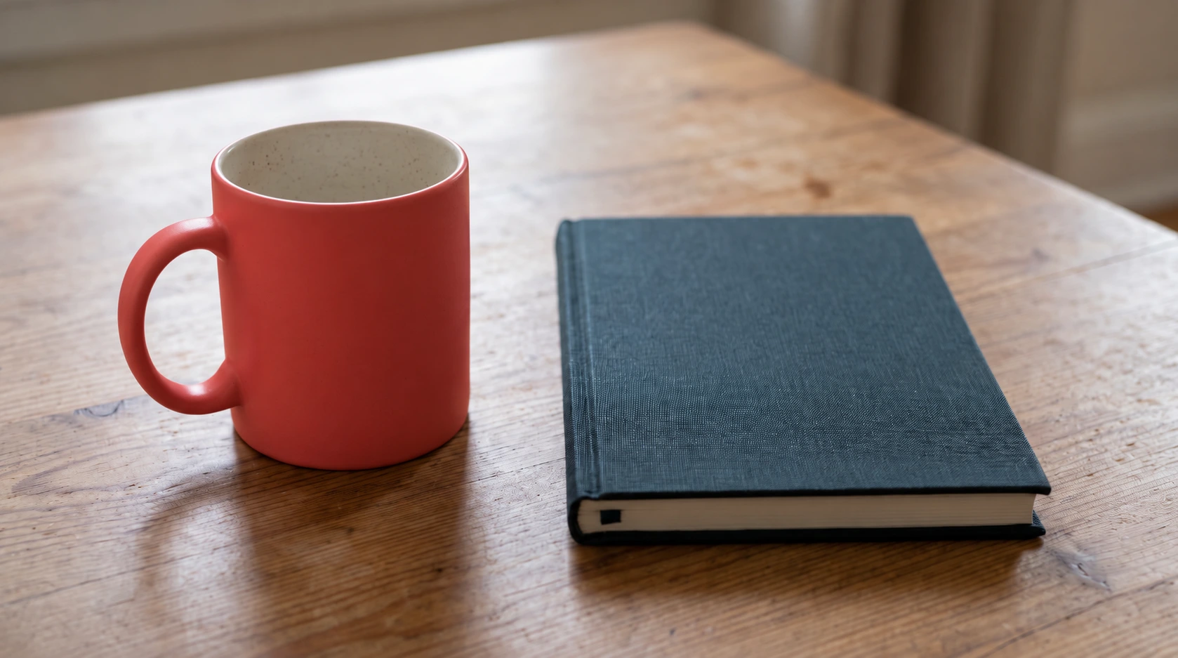 ChatGPT-edited coral mug with a speckled cream interior beside a blue notebook on a wooden table.