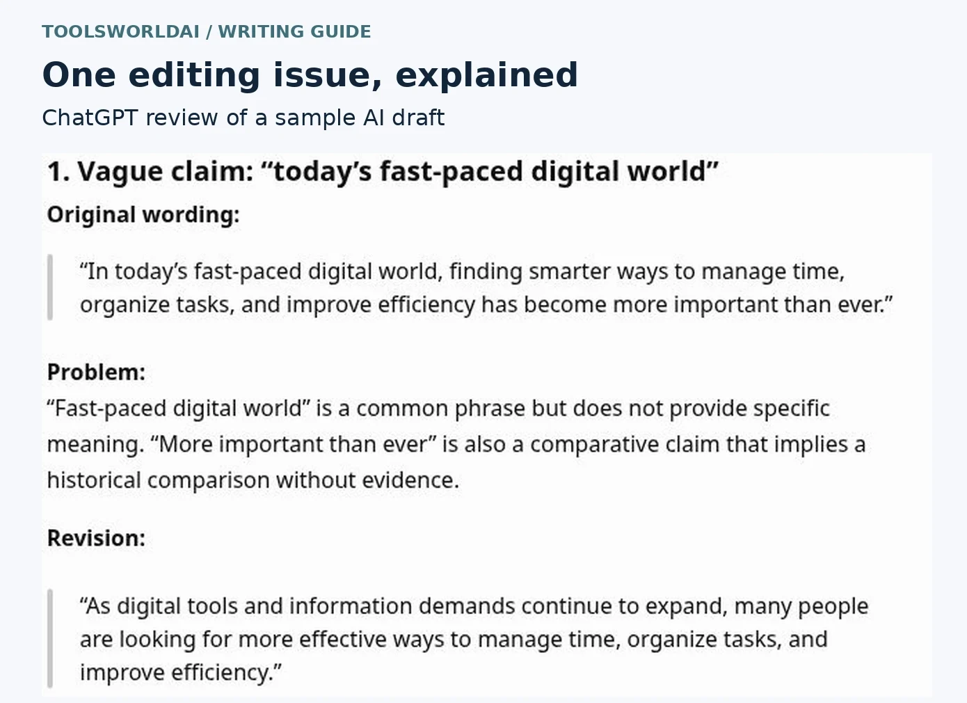 ChatGPT review of a sample AI draft flagging "today's fast-paced digital world" as a vague claim, with problem and revision