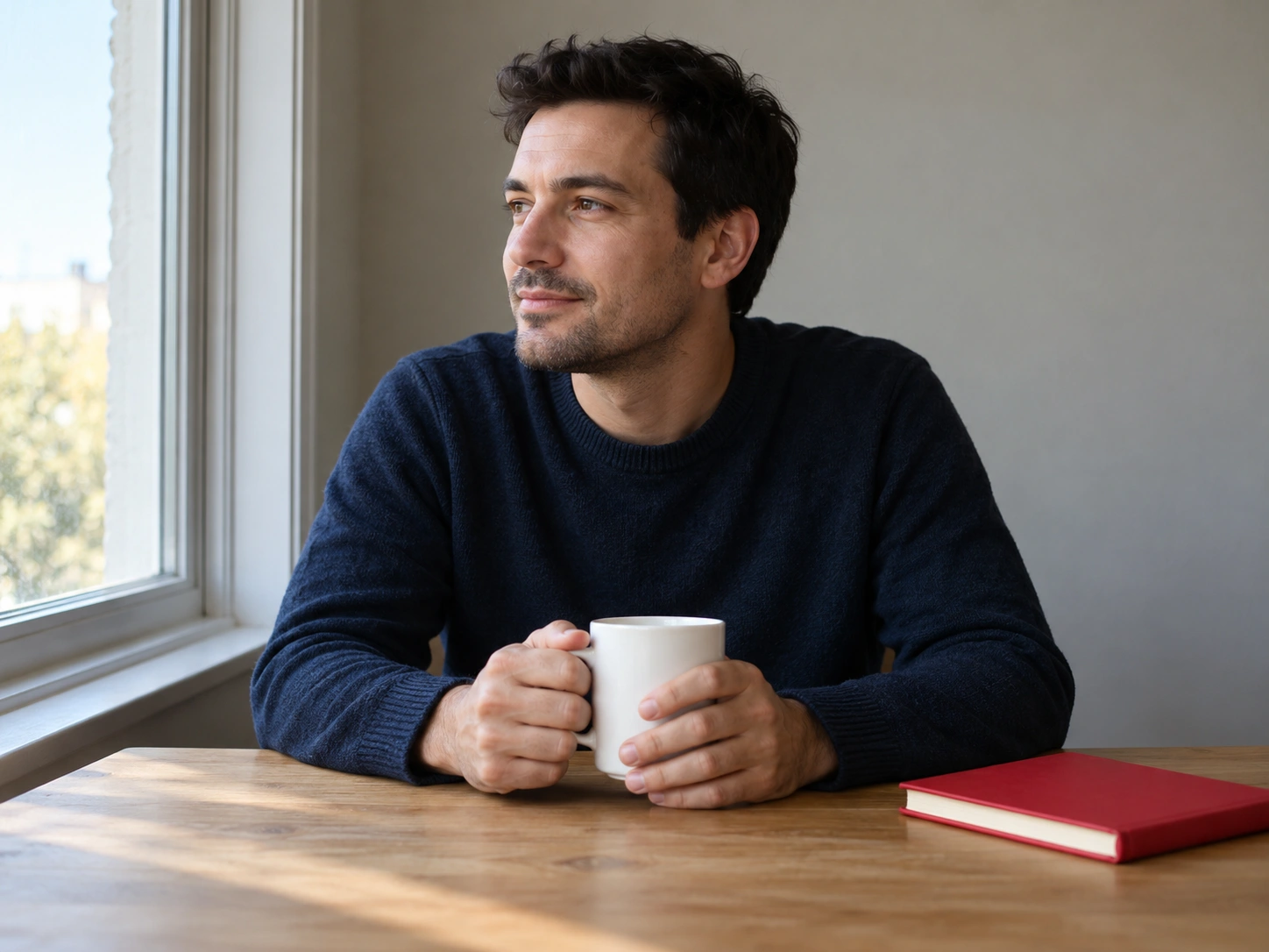 ChatGPT portrait with the full head visible, both hands holding a white mug, and a red notebook on the right.