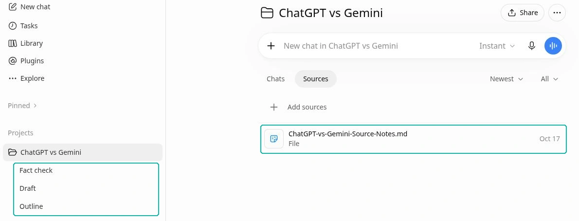 ChatGPT Project named "ChatGPT vs Gemini" with a source notes file and separate Outline, Draft and Fact check chats