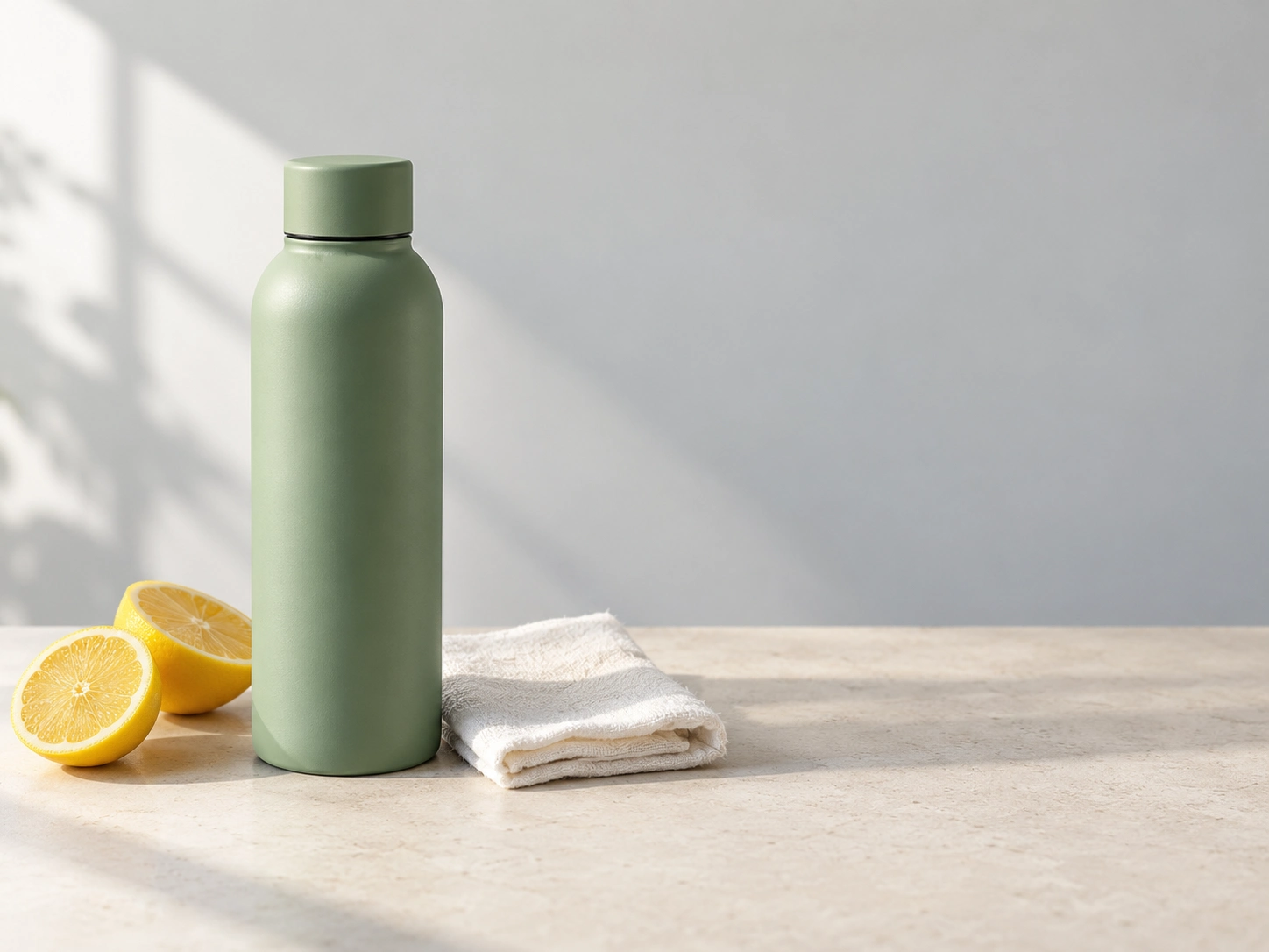 ChatGPT sage-bottle image with two lemon halves, folded linen, window shadows, and open space on the right.
