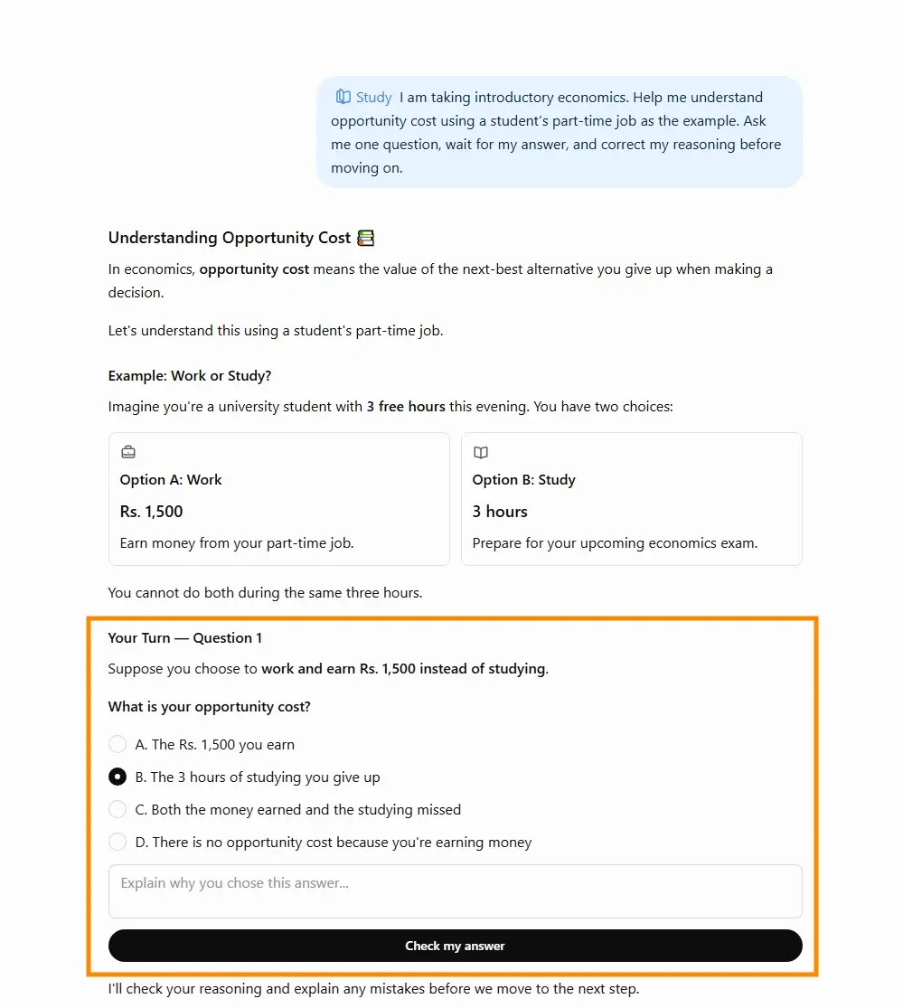 ChatGPT Study mode asking a guided opportunity cost question with four answer choices and a Check my answer button