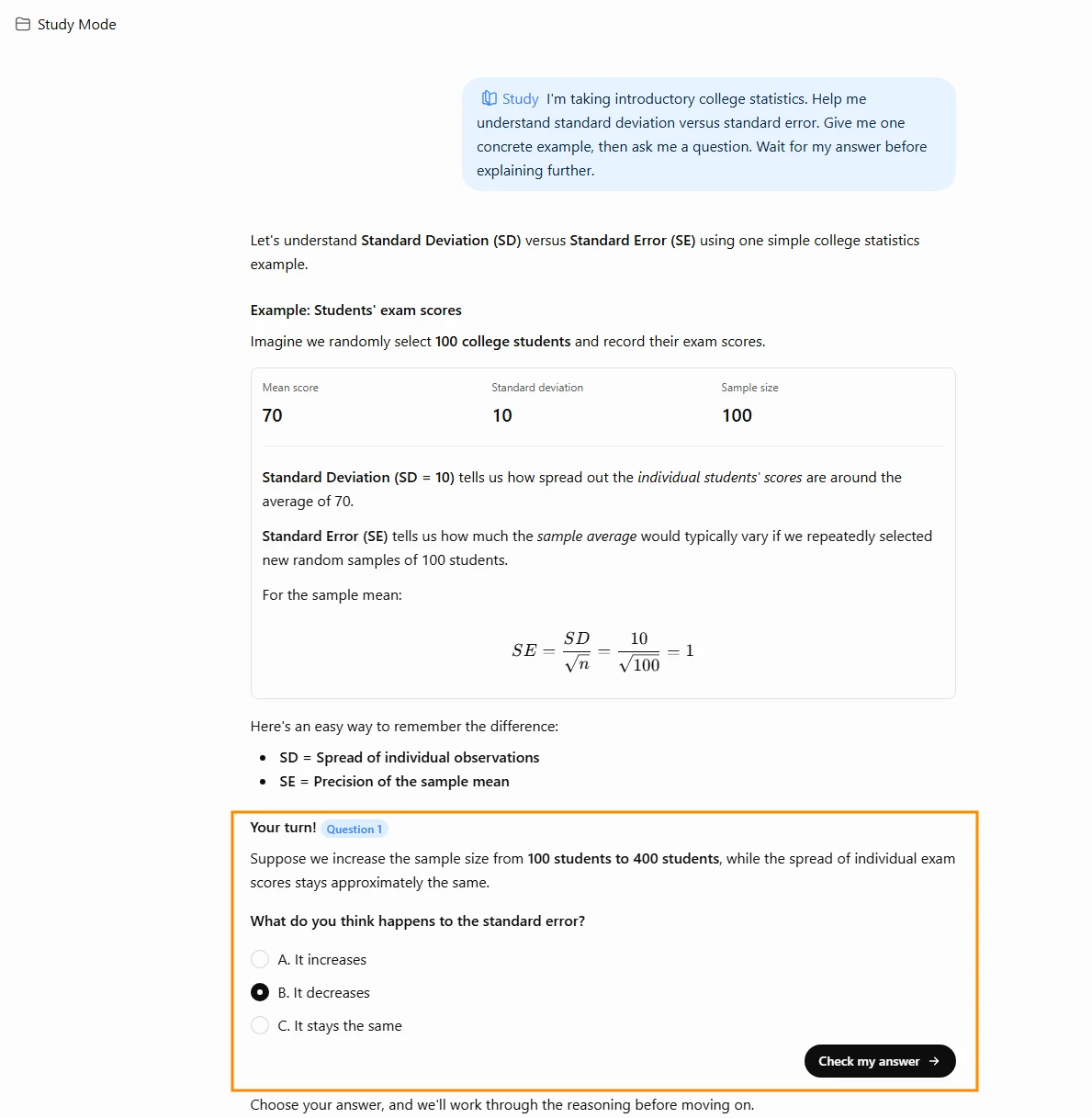 ChatGPT study mode explaining standard deviation versus standard error, then asking a follow-up question