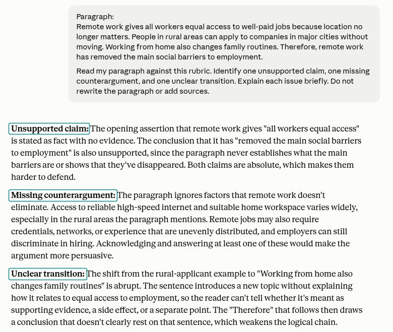Claude feedback on a remote work paragraph: unsupported claim, missing counterargument, unclear transition