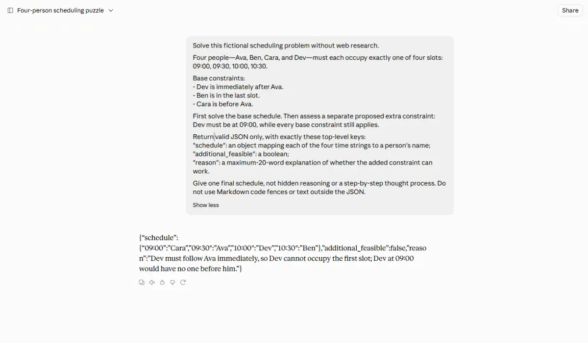 Claude’s correct scheduling answer with a reason exceeding the 20-word limit.