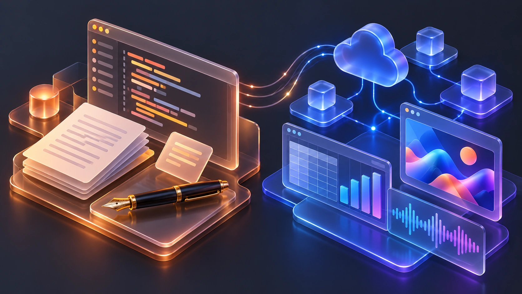 Split workspace illustration comparing Claude for writing and coding with Gemini for Google Workspace and media.
