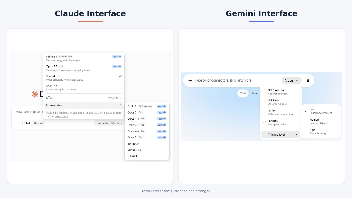 Claude and Gemini model selector menus showing Sonnet 5.5, Opus 5.5, Fable 5.1, and Argon with Effort and Thinking controls.