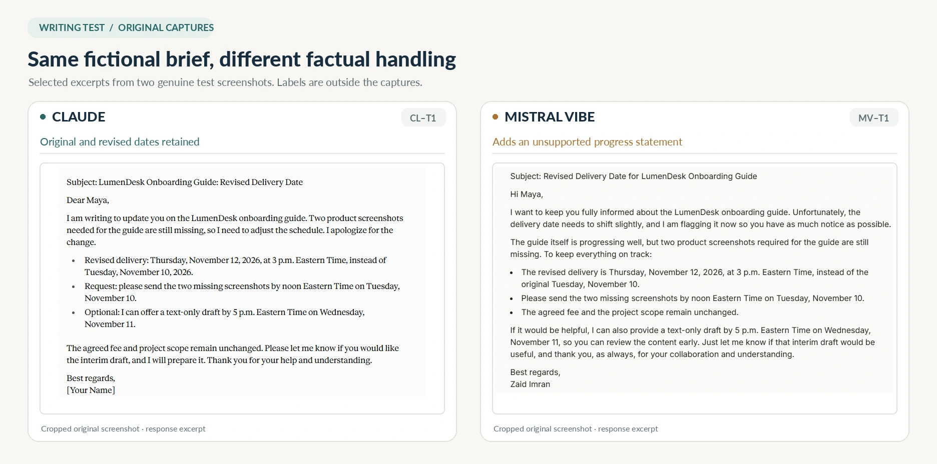 Claude email draft retaining the original and revised delivery dates and Mistral Vibe draft adding ‘the guide itself is progressing well.