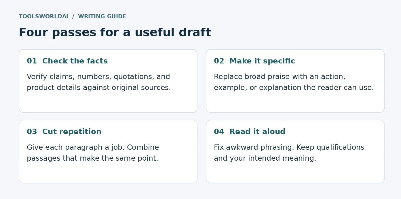 Checklist of four AI editing passes: check facts, make it specific, cut repetition, read aloud