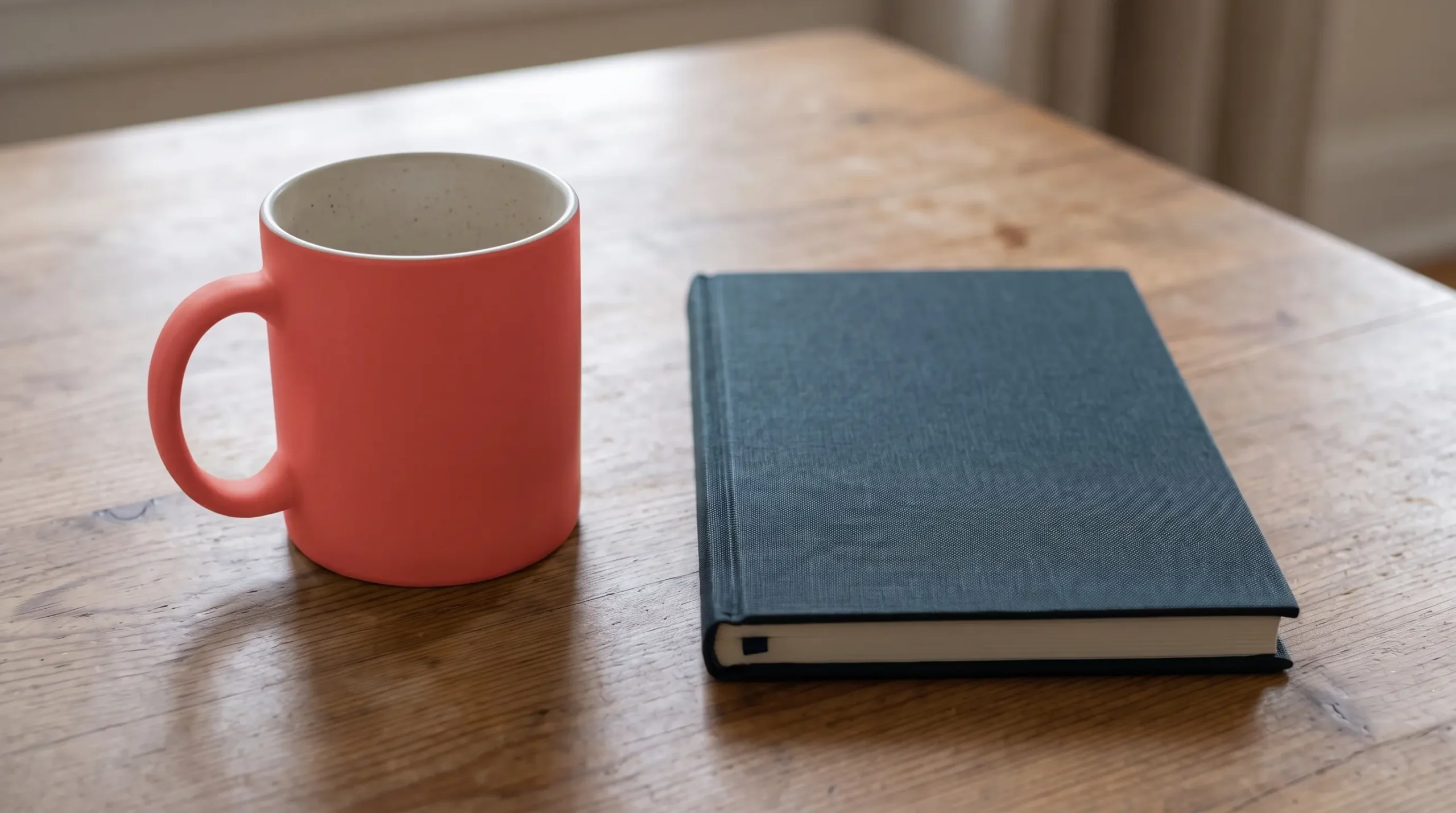 Both reviewed edits show a coral mug exterior and handle, a cream speckled interior, and a blue notebook.