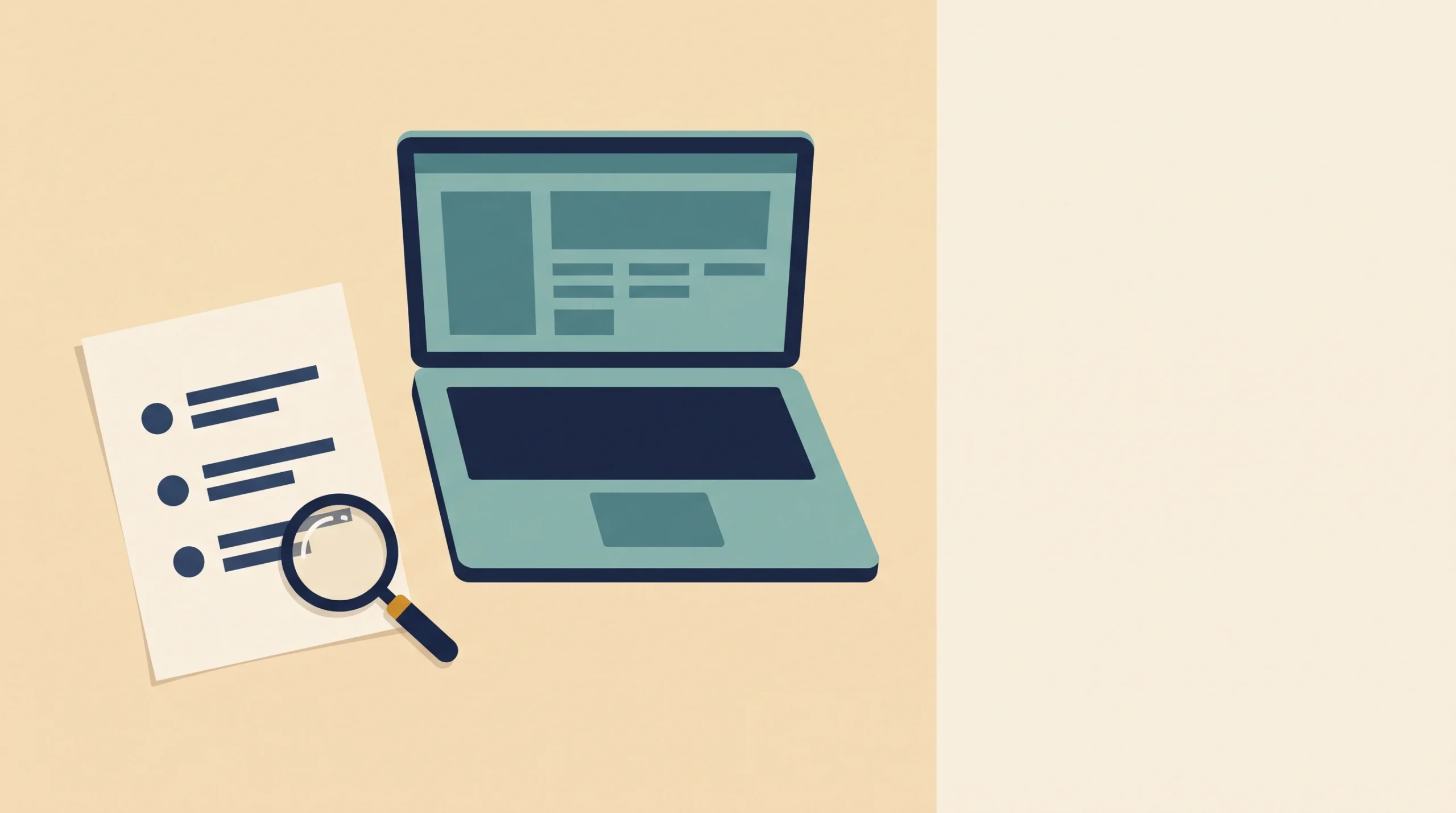 Gemini illustration of a laptop and paper with three bullet dots and six lines beside a magnifying glass.