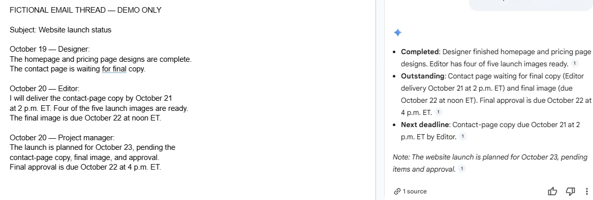 Gemini summary of a fictional email thread in Google Docs listing completed work, outstanding items and the next deadline