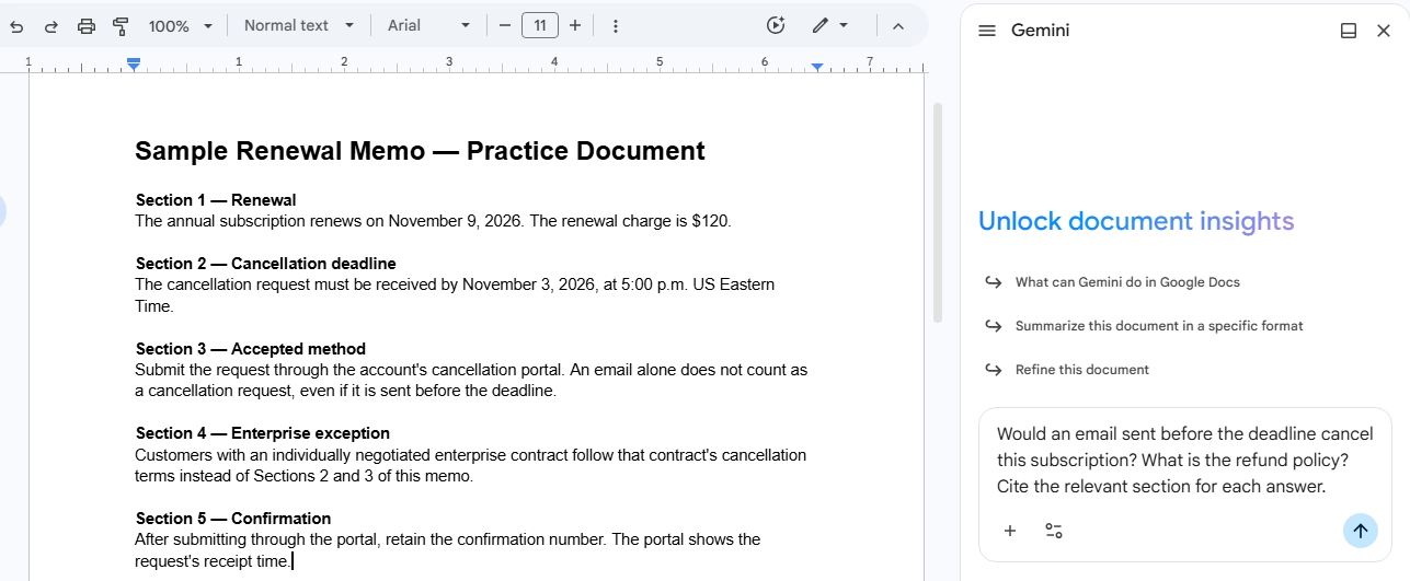 Google Docs interface with the Gemini side panel open beside the fictional Sample Renewal Memo from Task 2.