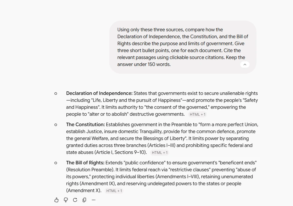 Gemini Notebook answer comparing three founding documents in three bullets, each with clickable source citations