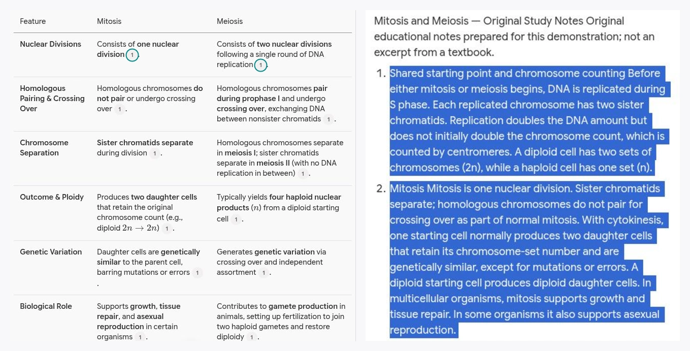 Gemini Notebook table comparing mitosis and meiosis with numbered citations beside the original study notes