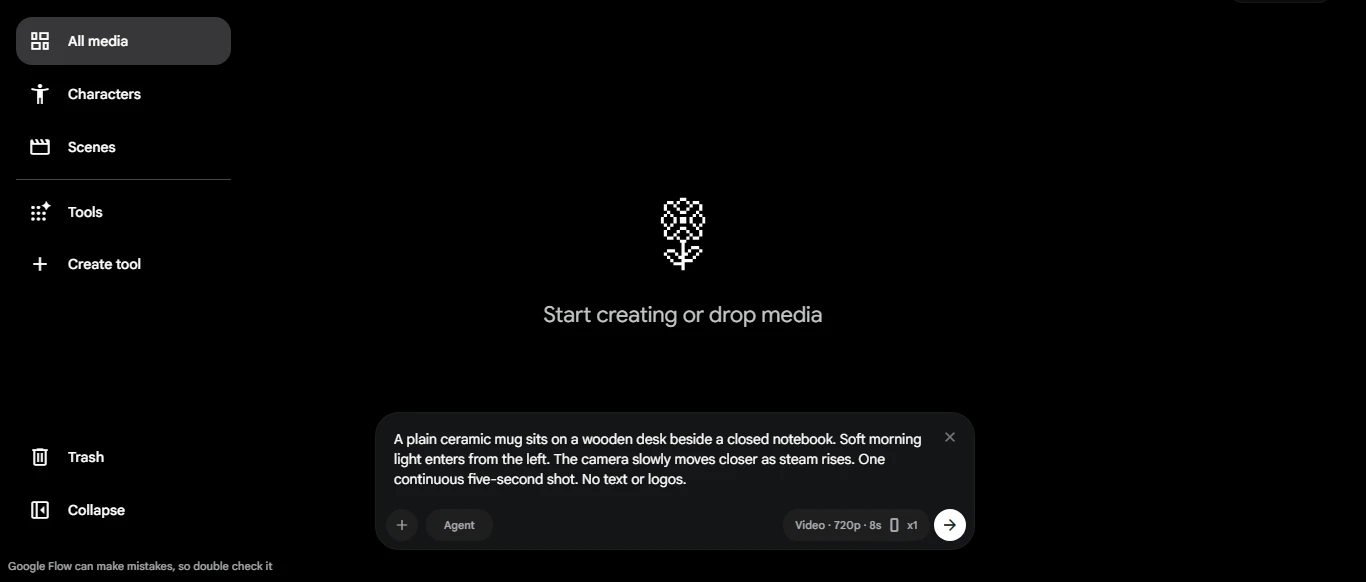 Google Flow prompt box with the ceramic mug prompt and video settings of 720p and 8 seconds