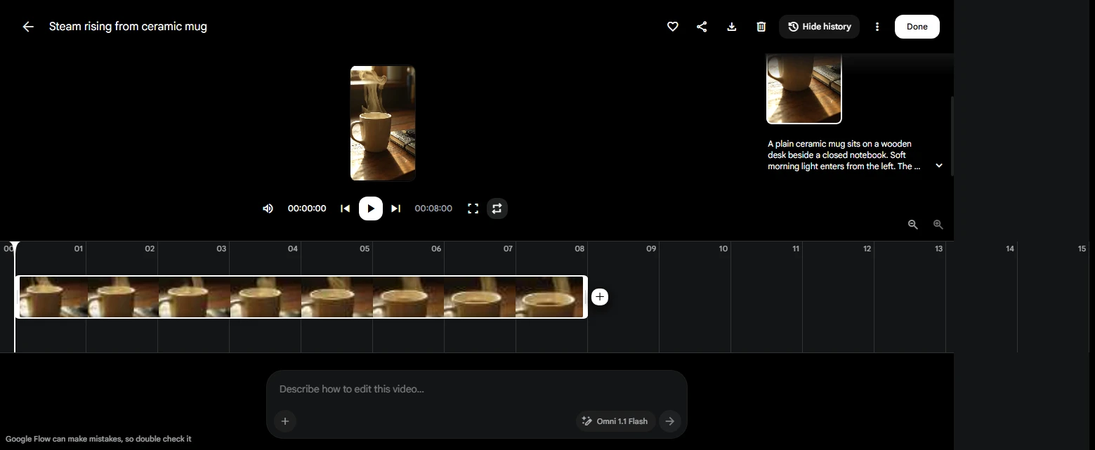 Google Flow editor showing an 8-second video of steam rising from a ceramic mug on a wooden desk