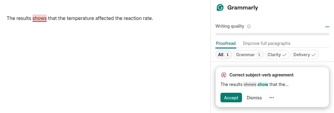 Grammarly suggestion correcting a subject-verb agreement error in a lab report sentence